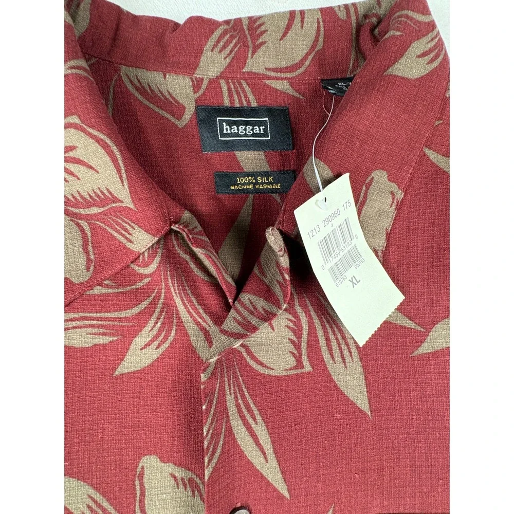 Haggar Mens XL Silk Aloha Shirt Red Tan Floral Hibiscus Short Sleeve Button Up